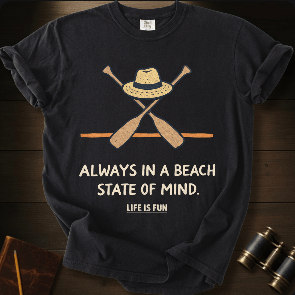 Full Sail Marine Beach State of Mind straw hat crossed oars graphic Comfort Colors t-shirt in Black – Always In A Beach State Of Mind Life Is Fun beach lifestyle text design – front view