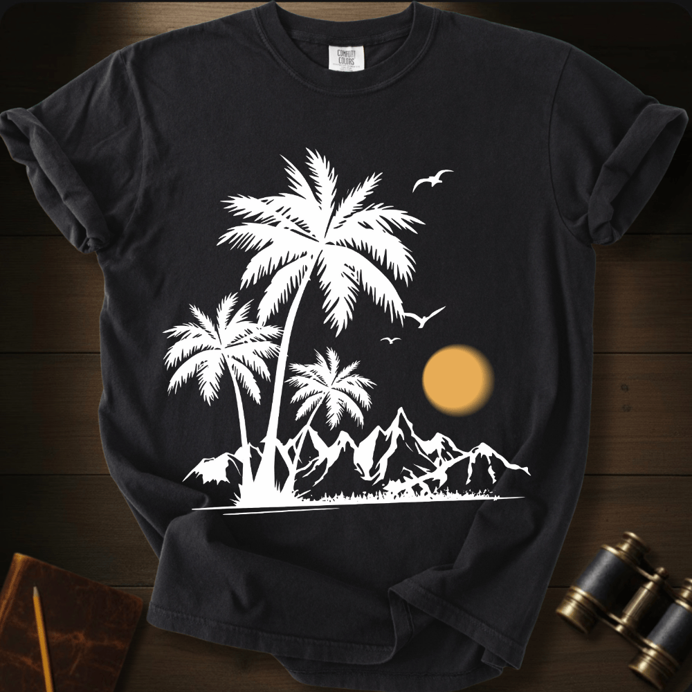 Full Sail Marine Sunfall Palms tropical palm trees and mountains silhouette graphic Comfort Colors t-shirt in black – white beach sunset scene with birds design – front view