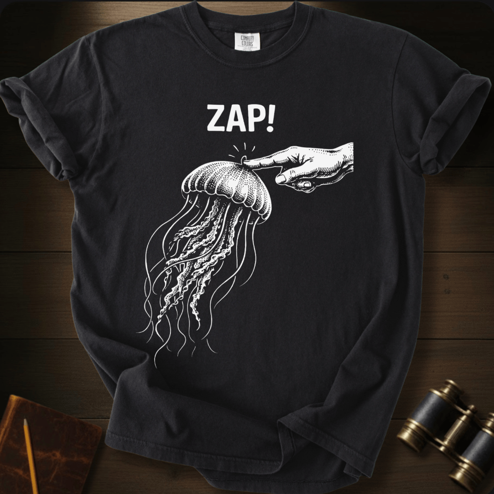 Full Sail Marine Zap! jellyfish graphic Comfort Colors t-shirt in black – white jellyfish being touched by hand with ZAP text design – front view