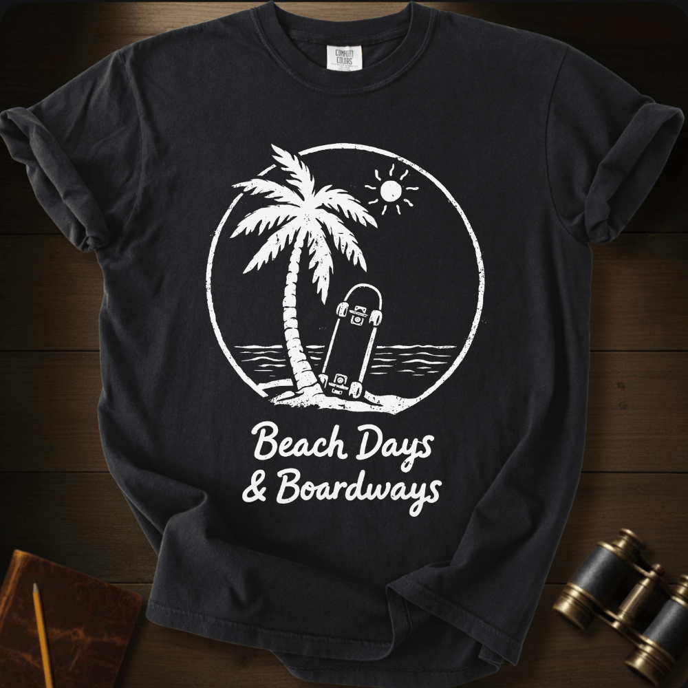 Full Sail Marine Beach Days and Boardways palm tree skateboard graphic Comfort Colors t-shirt in black – tropical beach surf scene – front view
