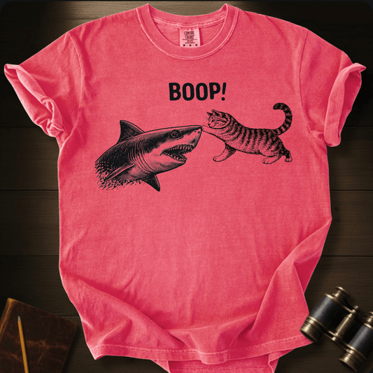 Full Sail Marine Cat Boop shark graphic Comfort Colors t-shirt in bright salmon – cat booping great white shark nose – front view