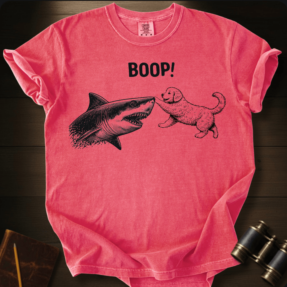 Full Sail Marine Puppy Boop shark graphic Comfort Colors t-shirt in watermelon coral – puppy booping great white shark nose – front view