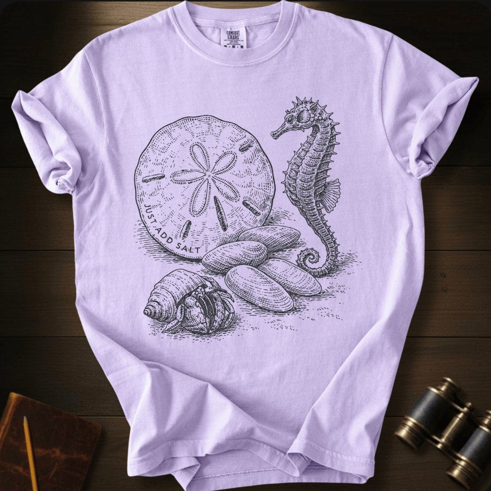 Full Sail Marine Sea Treasures seahorse seashells sand dollar graphic Comfort Colors t-shirt in Orchid – detailed ocean illustration with Just Add Salt text design – front view