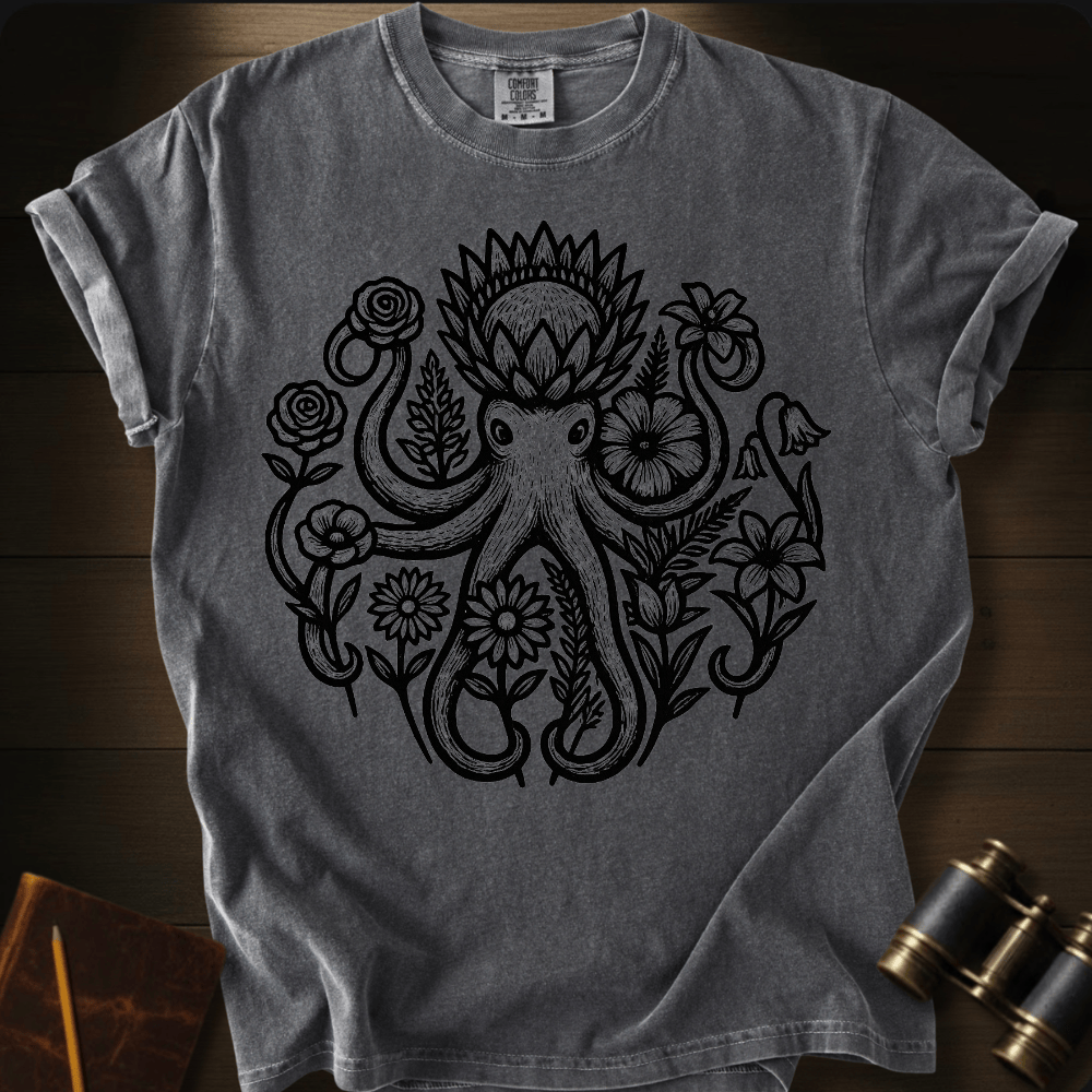 Full Sail Marine Savage Bloom floral octopus graphic Comfort Colors t-shirt in pepper โ detailed botanical kraken ocean art design โ front view