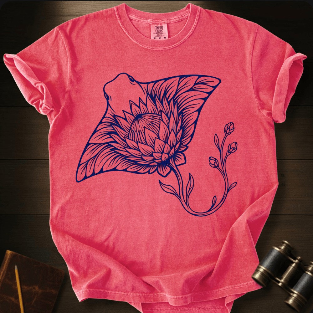 Full Sail Marine Floral Stingray graphic Comfort Colors t-shirt in watermelon – botanical flower stingray ocean art design – front view