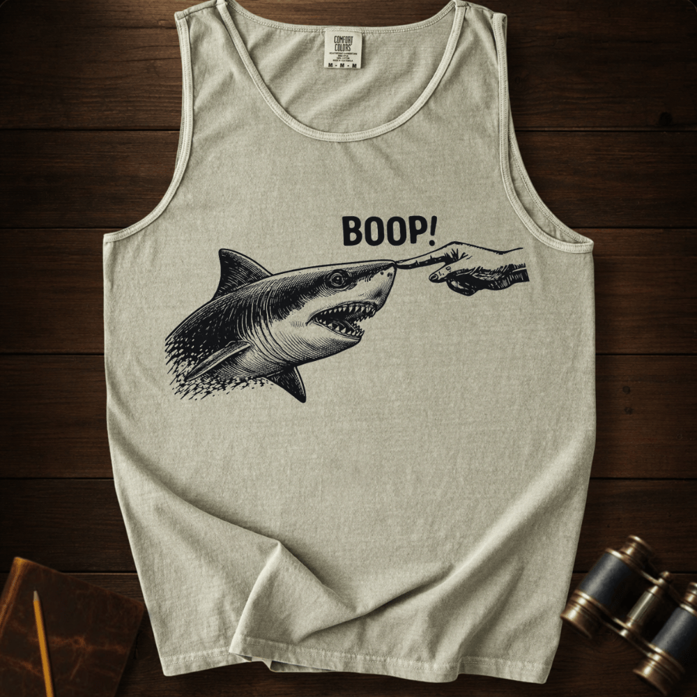 Full Sail Marine Boop shark nose touch graphic Comfort Colors tank top in Sandstone – great white shark booping finger ocean art funny design – front view