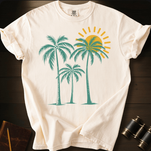 Full Sail Marine Palm Trees Sunrise tropical palm tree and sun graphic Comfort Colors t-shirt in ivory – coastal beach art design – front view