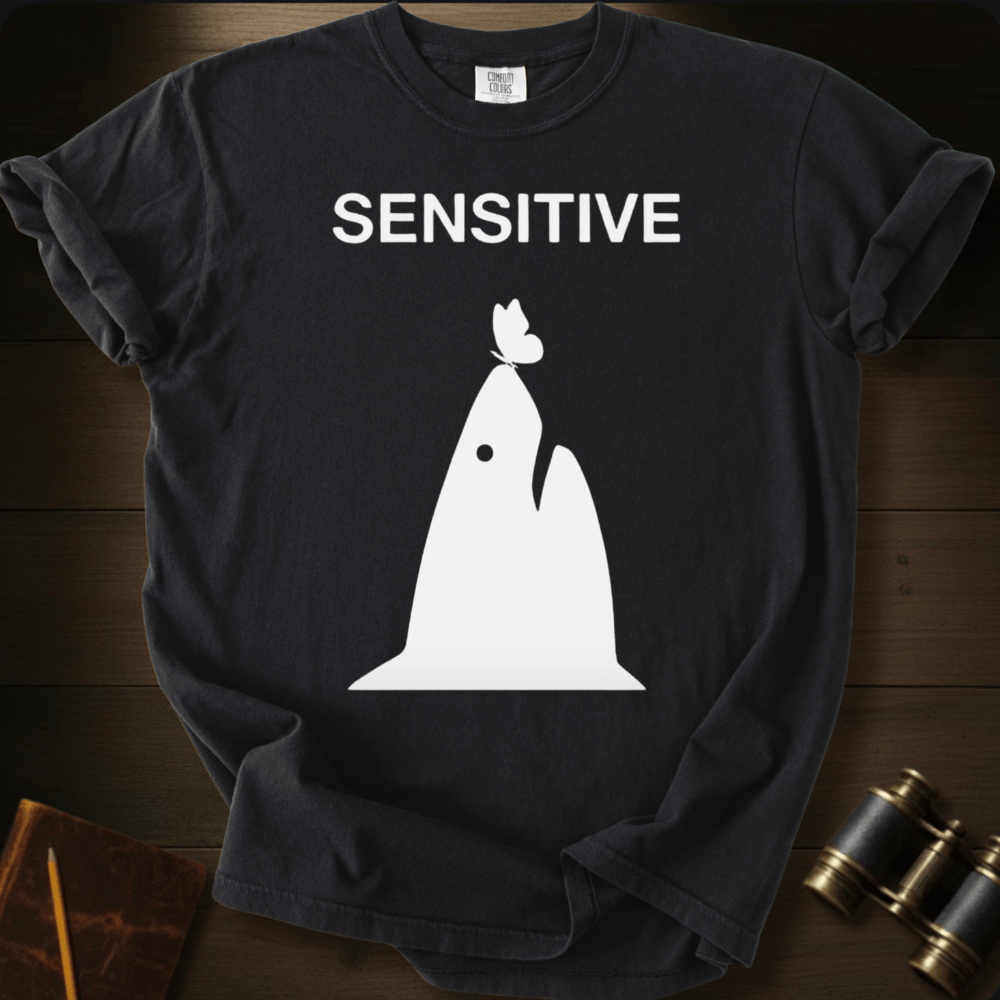 Full Sail Marine Sensitive dramatic shark graphic Comfort Colors t-shirt in black – funny emotional ocean design – front view