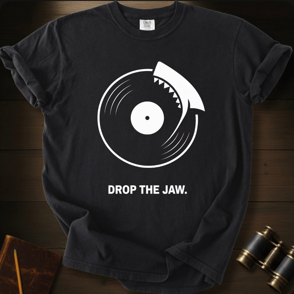 Full Sail Marine Drop the Jaw shark biting vinyl record graphic Comfort Colors t-shirt in black – music meets ocean humor design – front view