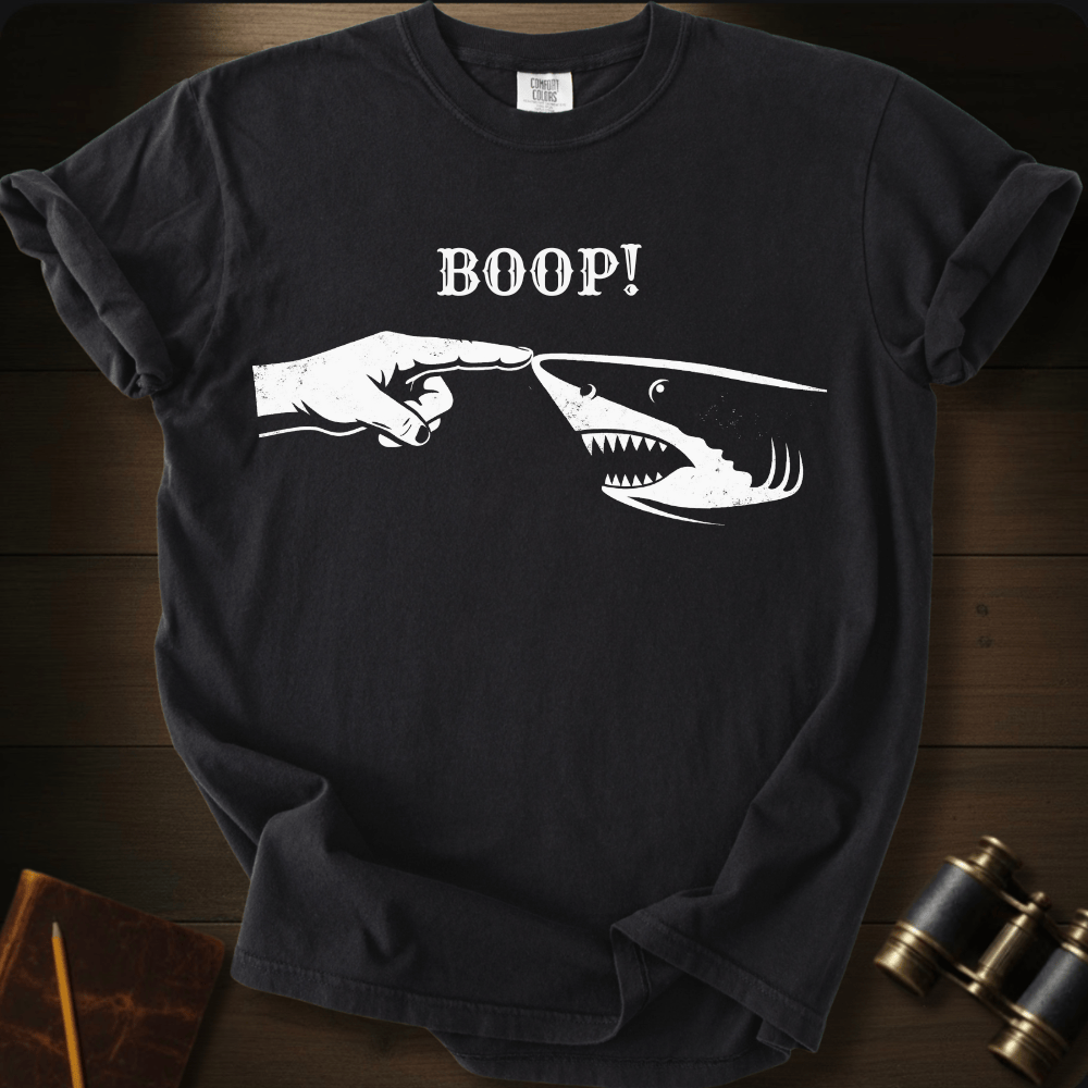 Full Sail Marine Boop shark nose touch graphic Comfort Colors t-shirt in Black – great white shark booping finger ocean art funny design – front view