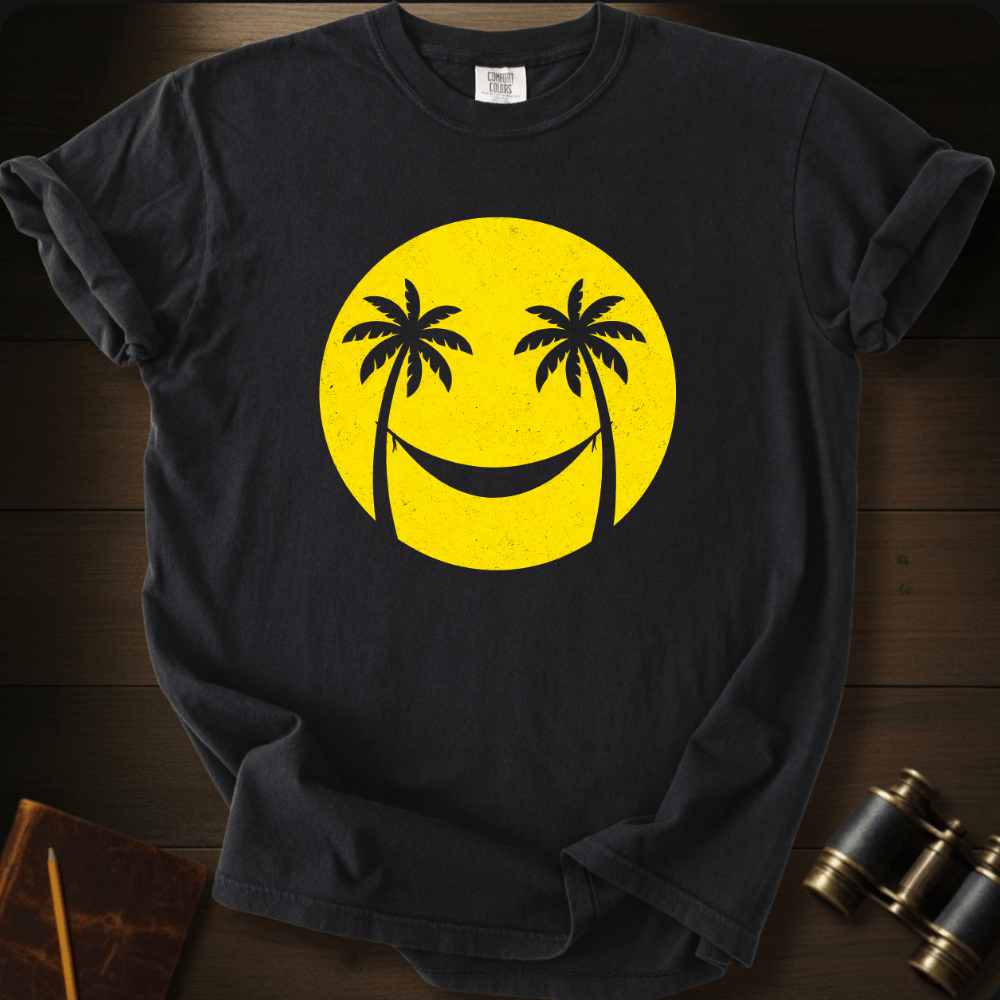 Full Sail Marine Smiley Sun palm tree smiley face graphic Comfort Colors t-shirt in black – happy sunshine tropical design – front view