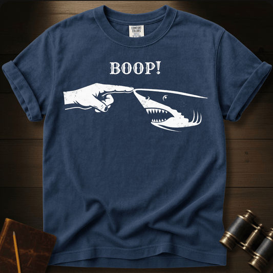 Full Sail Marine Boop shark nose touch graphic Comfort Colors t-shirt in Navy – great white shark booping finger ocean art funny design – front view