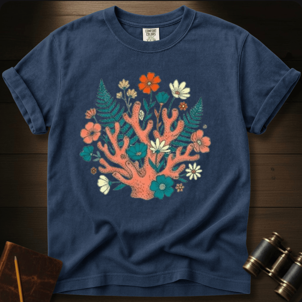 Full Sail Marine Ocean Garden coral reef and wildflower graphic Comfort Colors t-shirt in navy – botanical ocean art design – front view