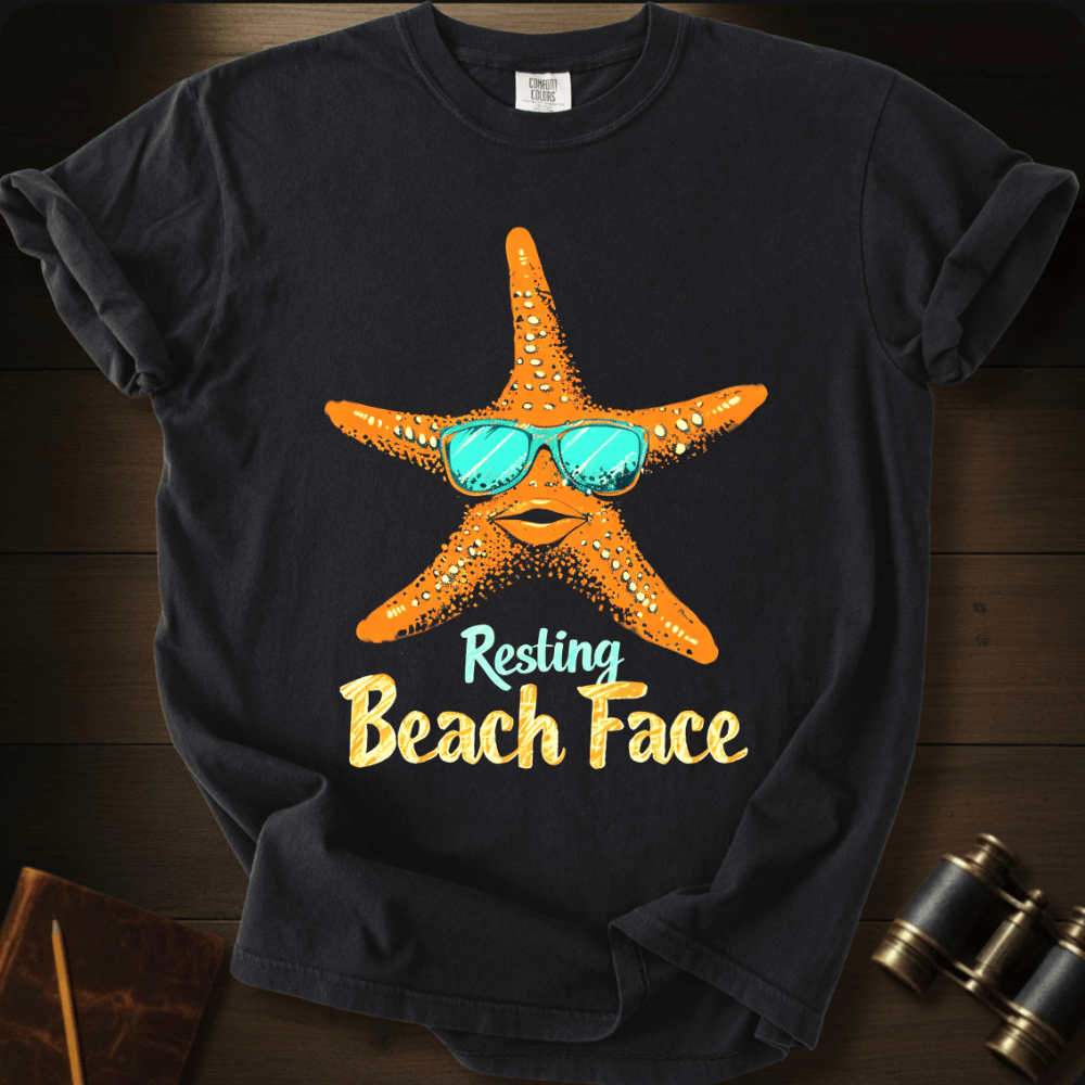 Full Sail Marine Resting Beach Face starfish sunglasses graphic Comfort Colors t-shirt in Black – colorful starfish wearing tropical sunglasses with beach palm reflection funny text design – front view
