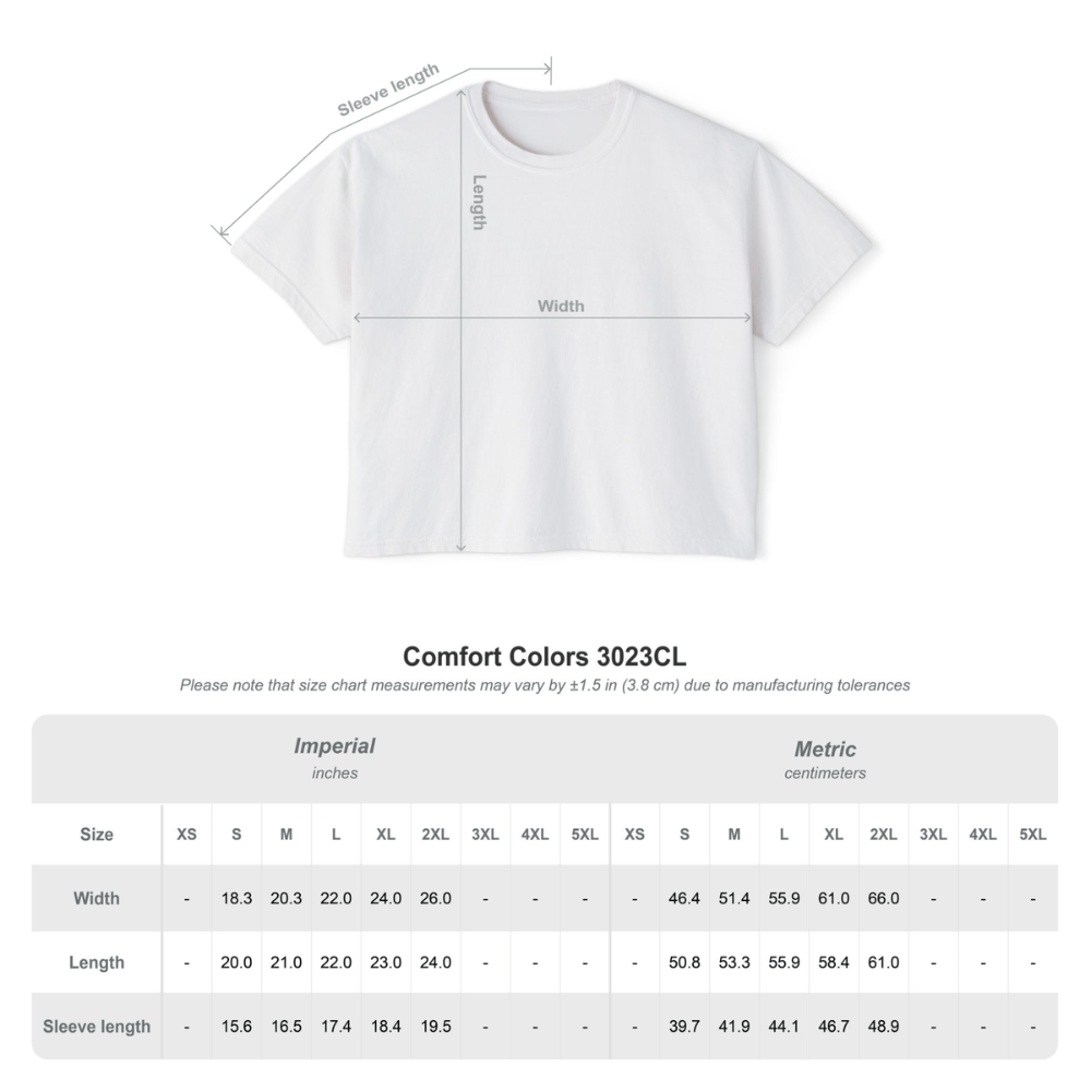 Full Sail Marine Comfort Colors 3023CL women's boxy tee size chart – width length and sleeve length measurements in imperial and metric for sizes XS to 5XL