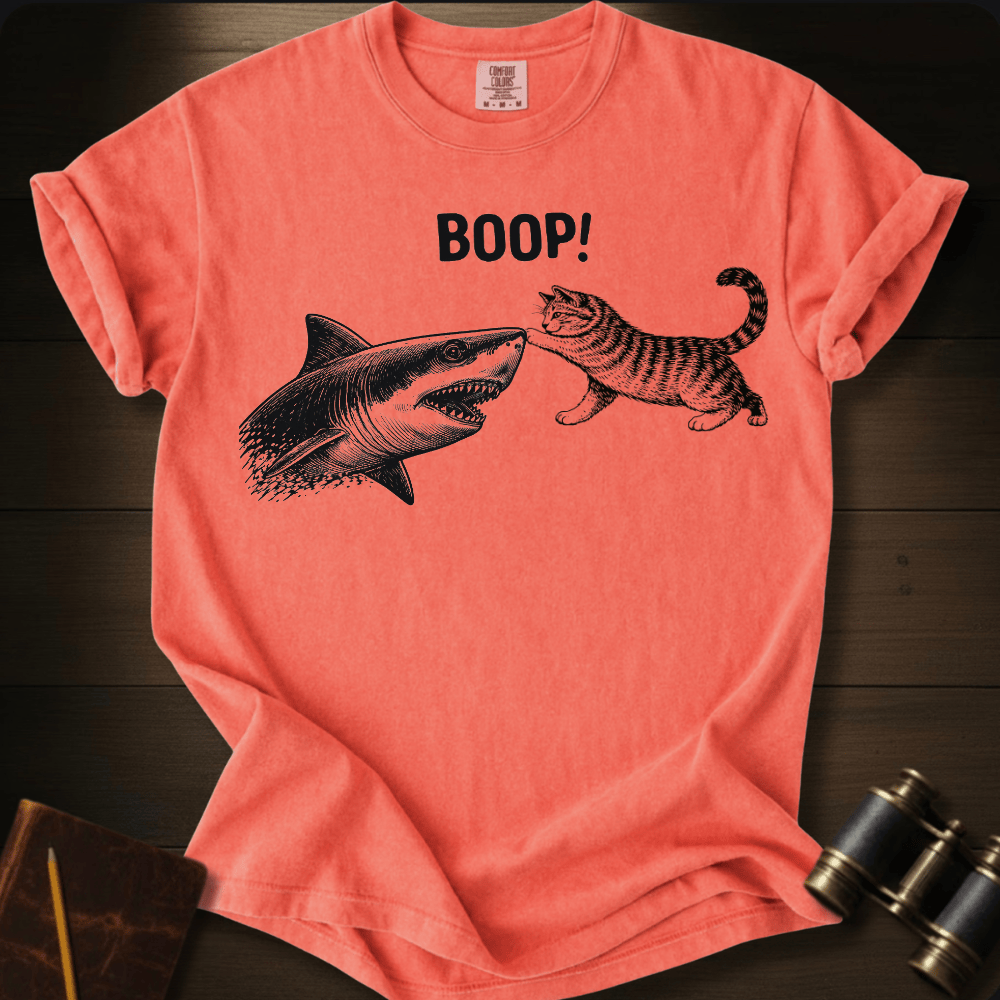 Full Sail Marine Cat Boop shark graphic Comfort Colors t-shirt in watermelon coral – cat booping great white shark nose – front view