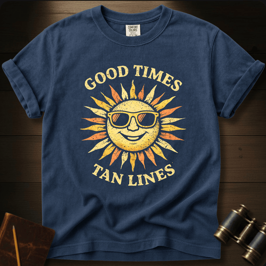 Full Sail Marine Good Times Tan Lines sun with sunglasses graphic Comfort Colors t-shirt in blue jean – retro smiling sun wearing shades with Good Times Tan Lines text design – front view