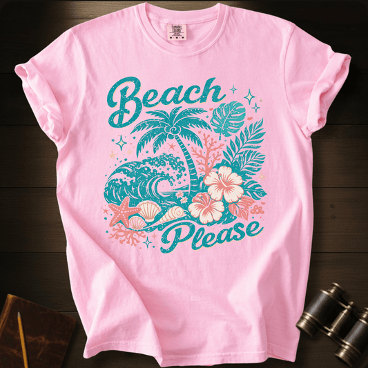 Full Sail Marine Beach Please tropical graphic Comfort Colors t-shirt in Pink – palm trees waves hibiscus flowers starfish seashells beach art design – front view