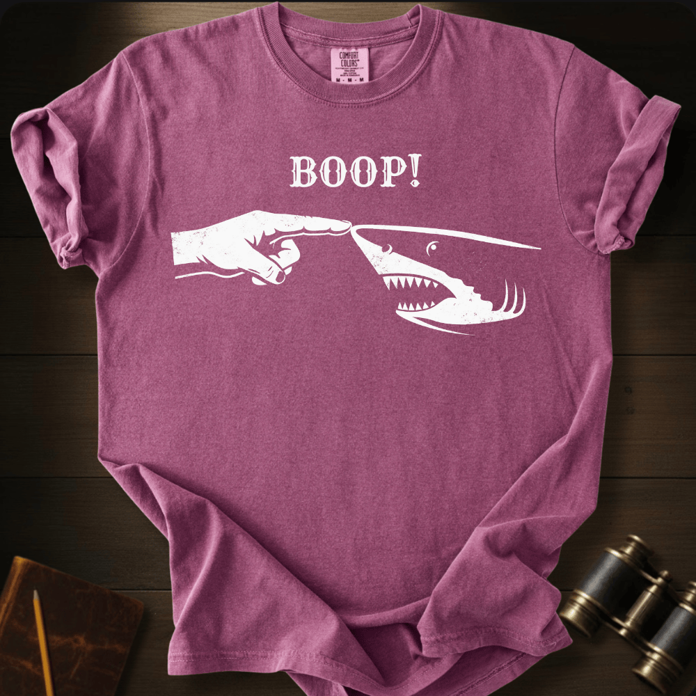Full Sail Marine Boop shark nose touch graphic Comfort Colors t-shirt in Berry – great white shark booping finger ocean art funny design – front view