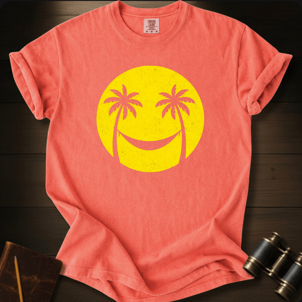Full Sail Marine Smiley Sun palm tree smiley face graphic Comfort Colors t-shirt in watermelon coral – happy sunshine tropical design – front view