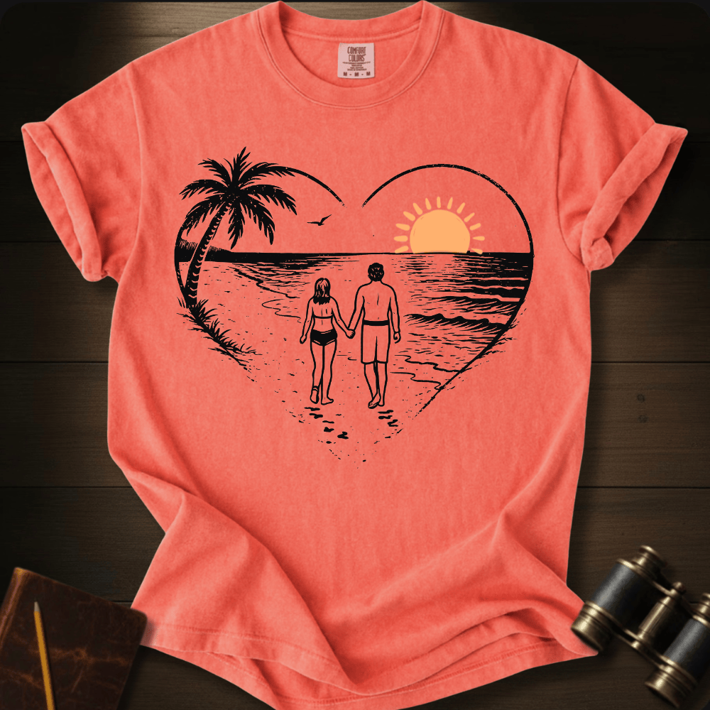 Full Sail Marine Sunset Walk beach couple heart graphic Comfort Colors t-shirt in bright salmon – romantic sunset palm tree ocean scene – front view