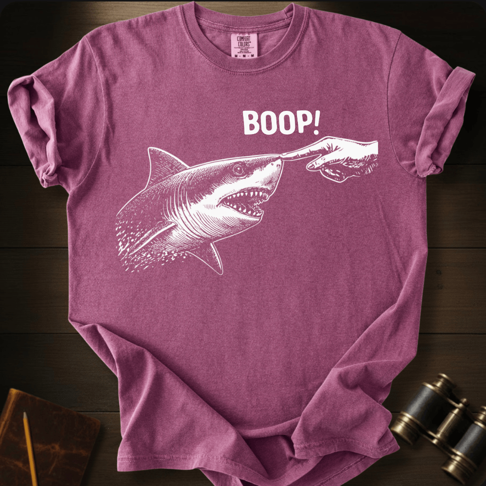 Full Sail Marine Boop! shark booping dolphin nose funny graphic Comfort Colors t-shirt in berry – ocean wildlife humor design – front view