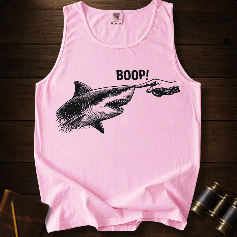 Full Sail Marine Boop shark nose touch graphic Comfort Colors tank top in Blossom – great white shark booping finger ocean art funny design – front view