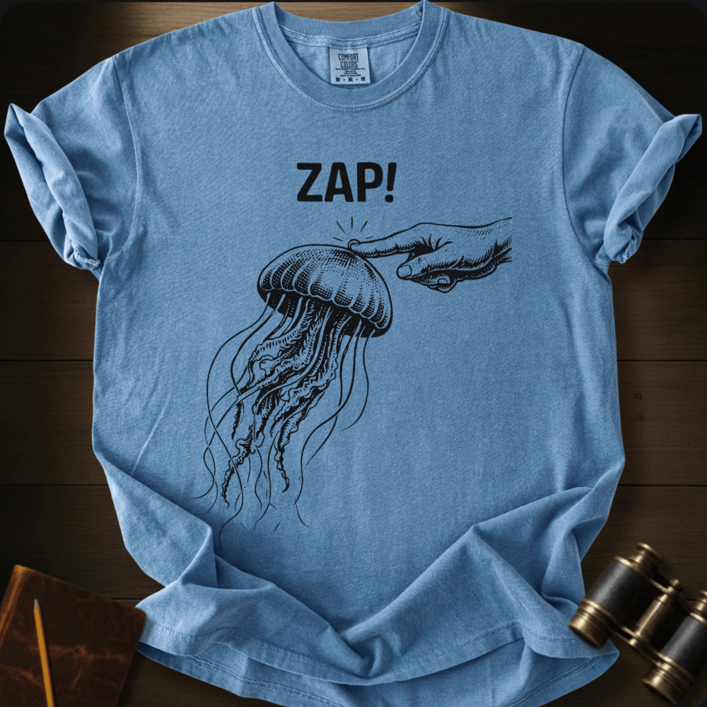 Full Sail Marine Zap! jellyfish graphic Comfort Colors t-shirt in washed denim blue – navy jellyfish being touched by hand with ZAP text design – front view
