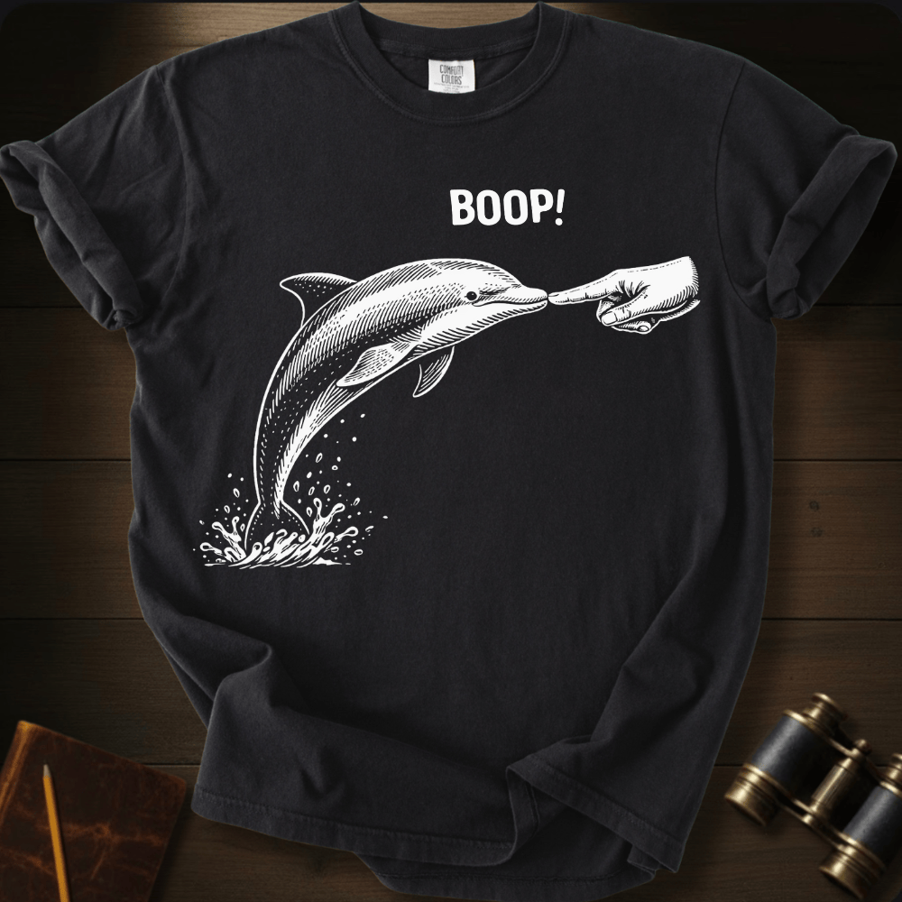 Full Sail Marine Boop! dolphin graphic Comfort Colors t-shirt in black – white dolphin being booped on nose with hand and BOOP text design – front view