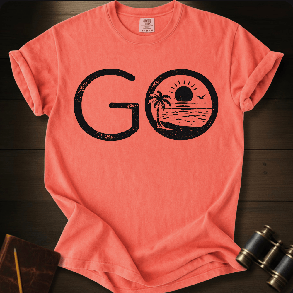 Full Sail Marine Go! tropical beach palm tree graphic Comfort Colors t-shirt in watermelon coral – GO text with sunset ocean scene – front view