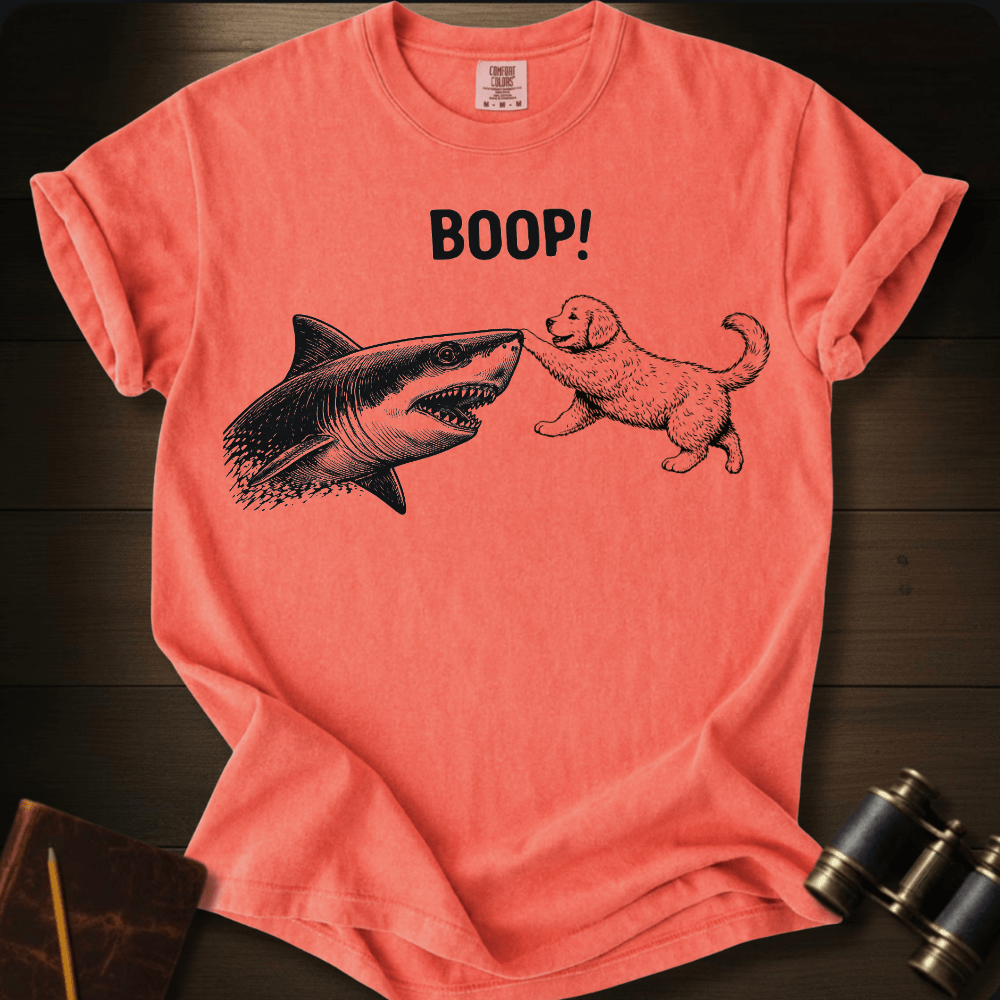 Full Sail Marine Puppy Boop shark graphic Comfort Colors t-shirt in bright salmon – puppy booping great white shark nose – front view
