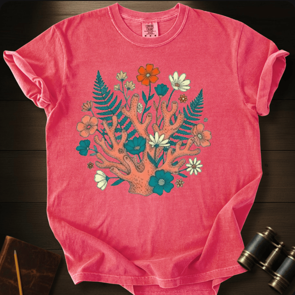 Full Sail Marine Ocean Garden coral reef and wildflower graphic Comfort Colors t-shirt in watermelon – botanical ocean art design – front view