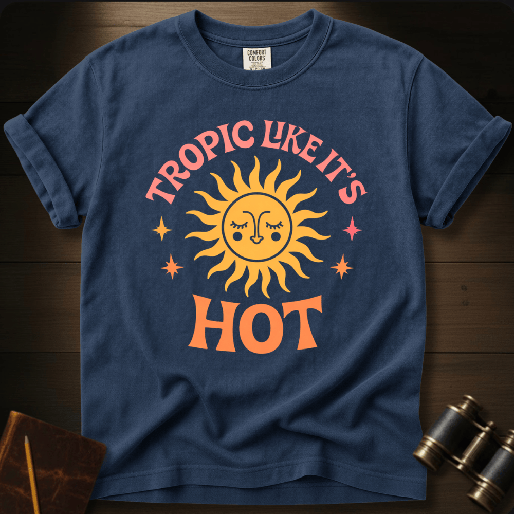 Full Sail Marine Tropic Like Its Hot sun face graphic Comfort Colors t-shirt in Navy – retro sunshine with sparkle stars tropical summer text design – front view