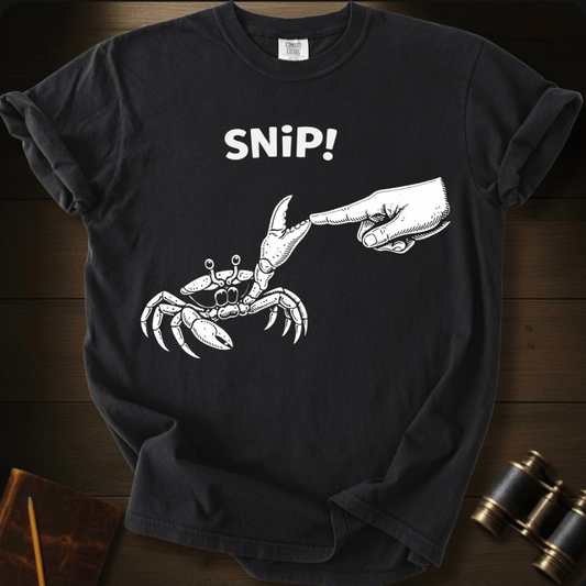 Full Sail Marine Snip! crab and hand graphic Comfort Colors t-shirt in black – white crab claw snipping hand with SNiP text design – front view