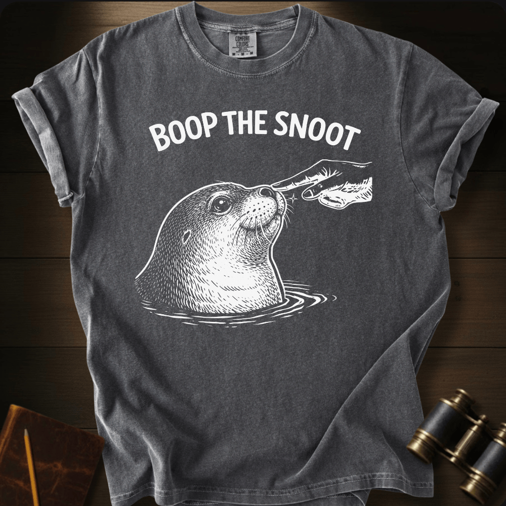 Full Sail Marine Boop the Snoot seal graphic Comfort Colors t-shirt in pepper gray – white seal being booped on nose by hand with BOOP THE SNOOT text design – front view