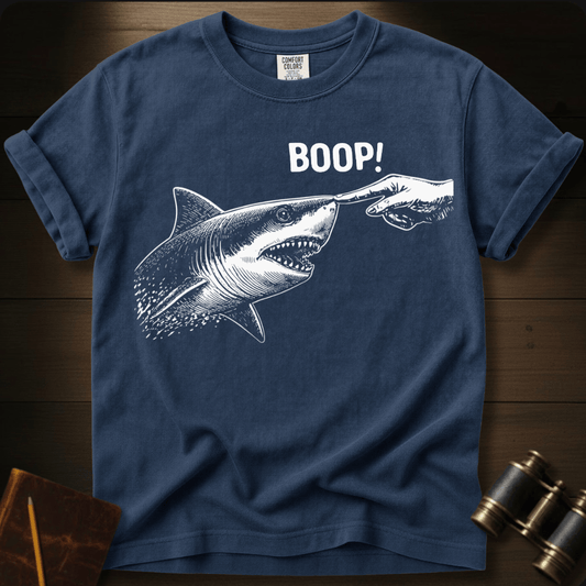 Full Sail Marine Boop! shark booping dolphin nose funny graphic Comfort Colors t-shirt in blue jean – ocean wildlife humor design – front view