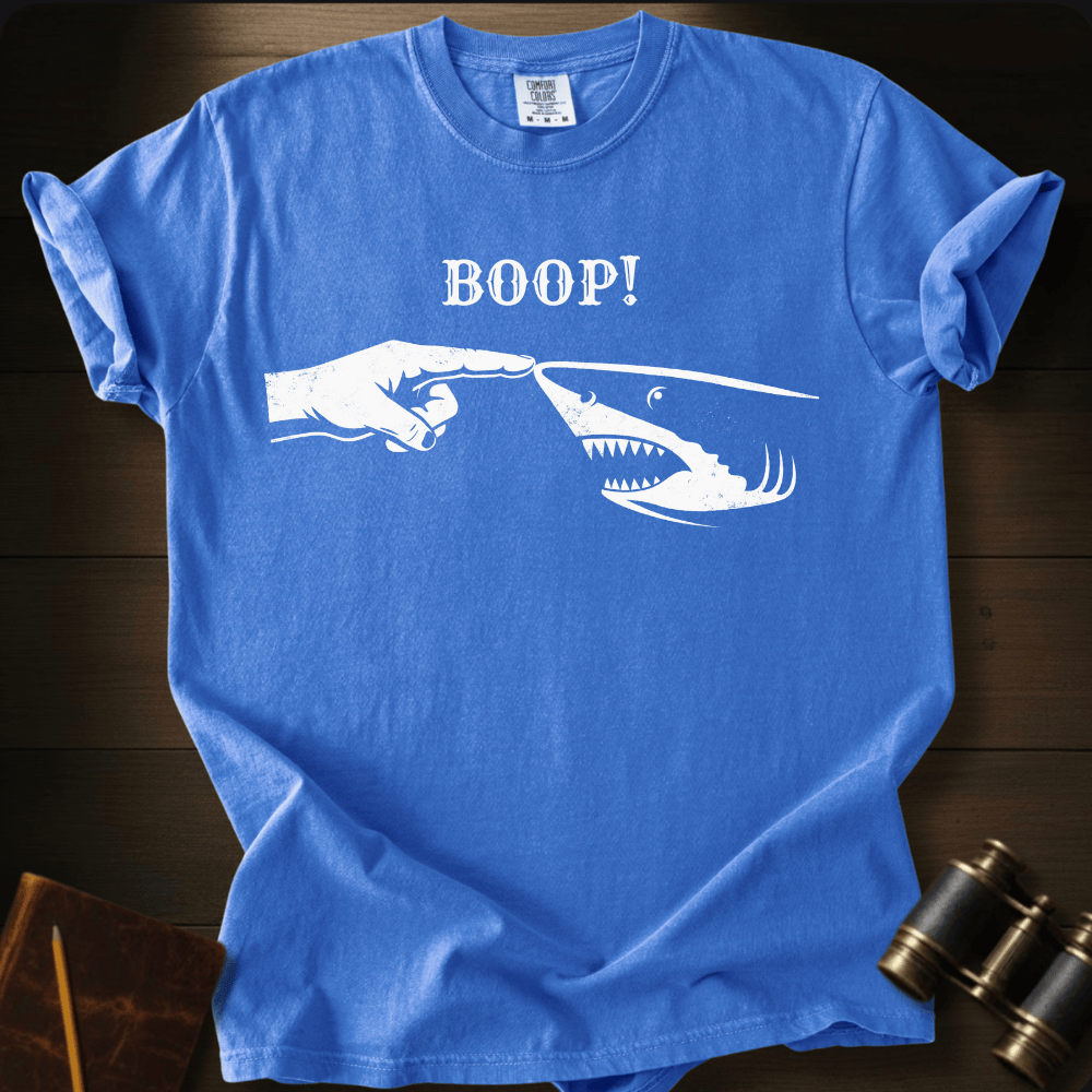 Full Sail Marine Boop shark nose touch graphic Comfort Colors t-shirt in Royal Caribe – great white shark booping finger ocean art funny design – front view