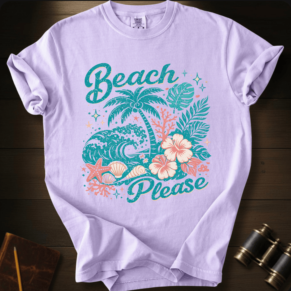 Full Sail Marine Beach Please tropical graphic Comfort Colors t-shirt in Orchid – palm trees waves hibiscus flowers starfish seashells beach art design – front view