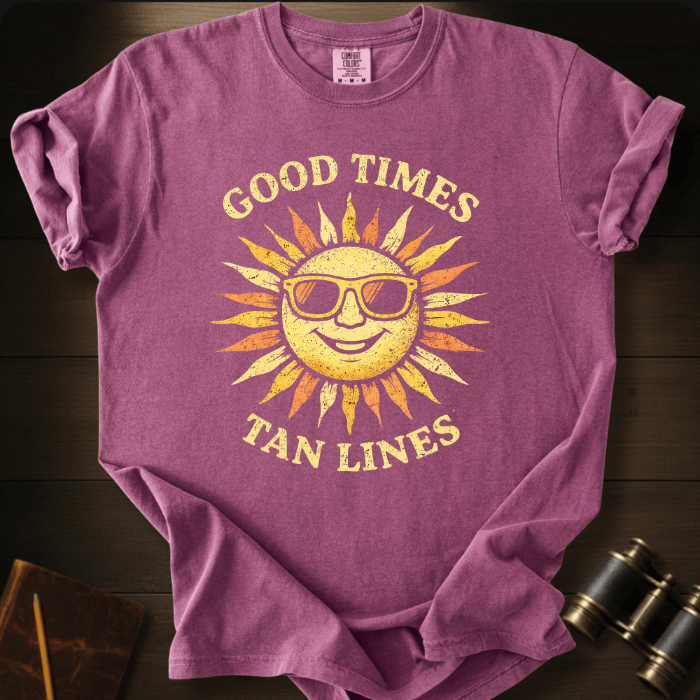 Full Sail Marine Good Times Tan Lines sun with sunglasses graphic Comfort Colors t-shirt in berry – retro smiling sun wearing shades with Good Times Tan Lines text design – front view