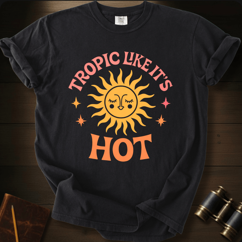 Full Sail Marine Tropic Like Its Hot sun face graphic Comfort Colors t-shirt in Black – retro sunshine with sparkle stars tropical summer text design – front view