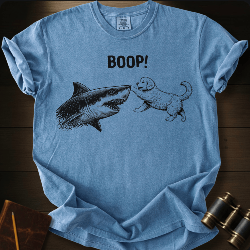 Full Sail Marine Puppy Boop shark graphic Comfort Colors t-shirt in blue jean – puppy booping great white shark nose – front view