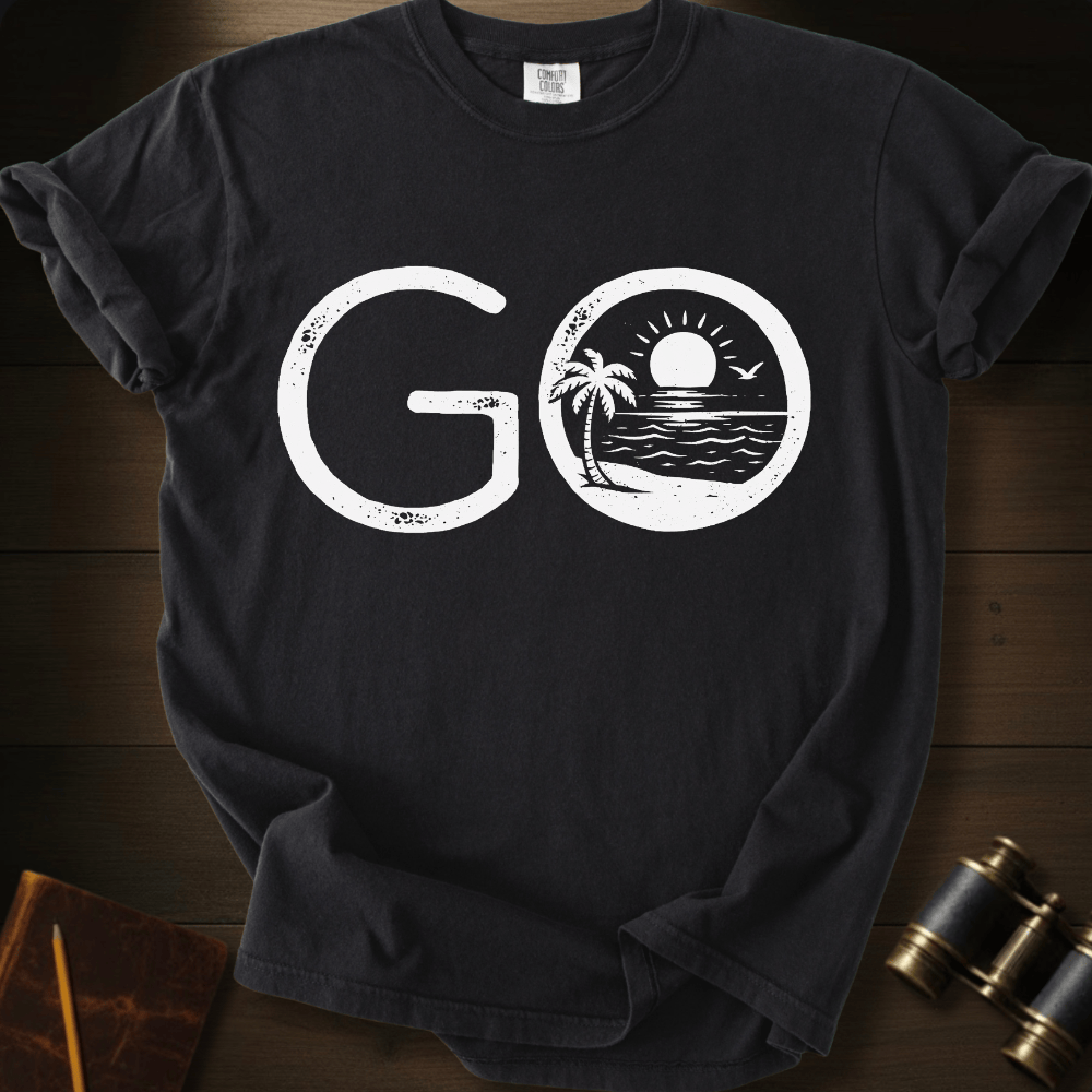 Full Sail Marine Go! tropical beach palm tree graphic Comfort Colors t-shirt in black – GO text with sunset ocean scene – front view