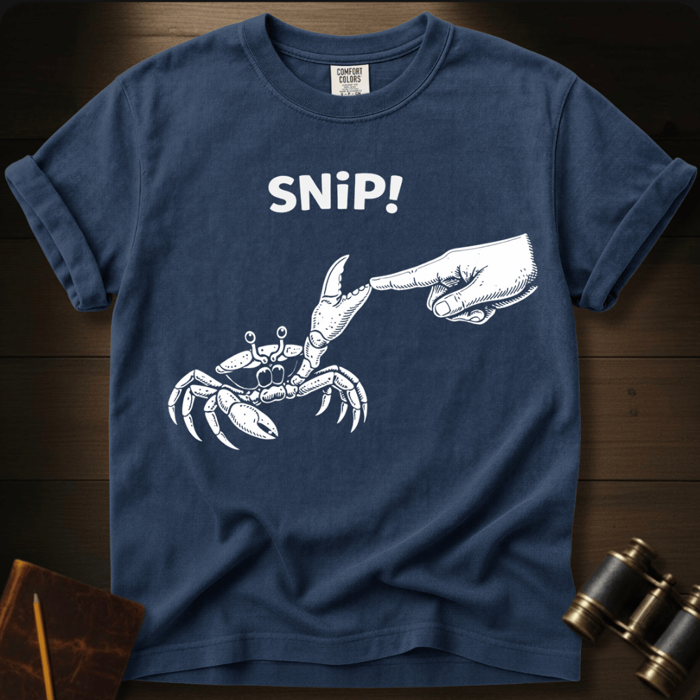 Full Sail Marine Snip! crab and hand graphic Comfort Colors t-shirt in blue jean – white crab claw snipping hand with SNiP text design – front view