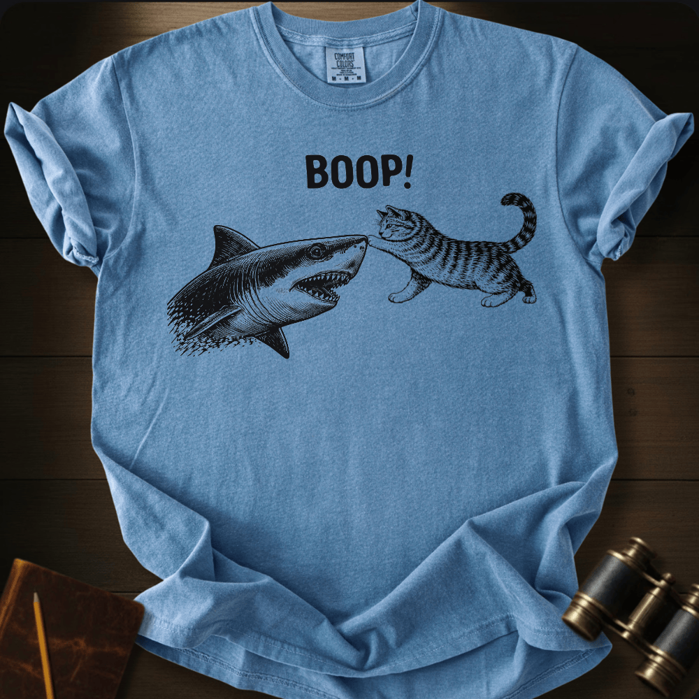 Full Sail Marine Cat Boop shark graphic Comfort Colors t-shirt in blue jean – cat booping great white shark nose – front view