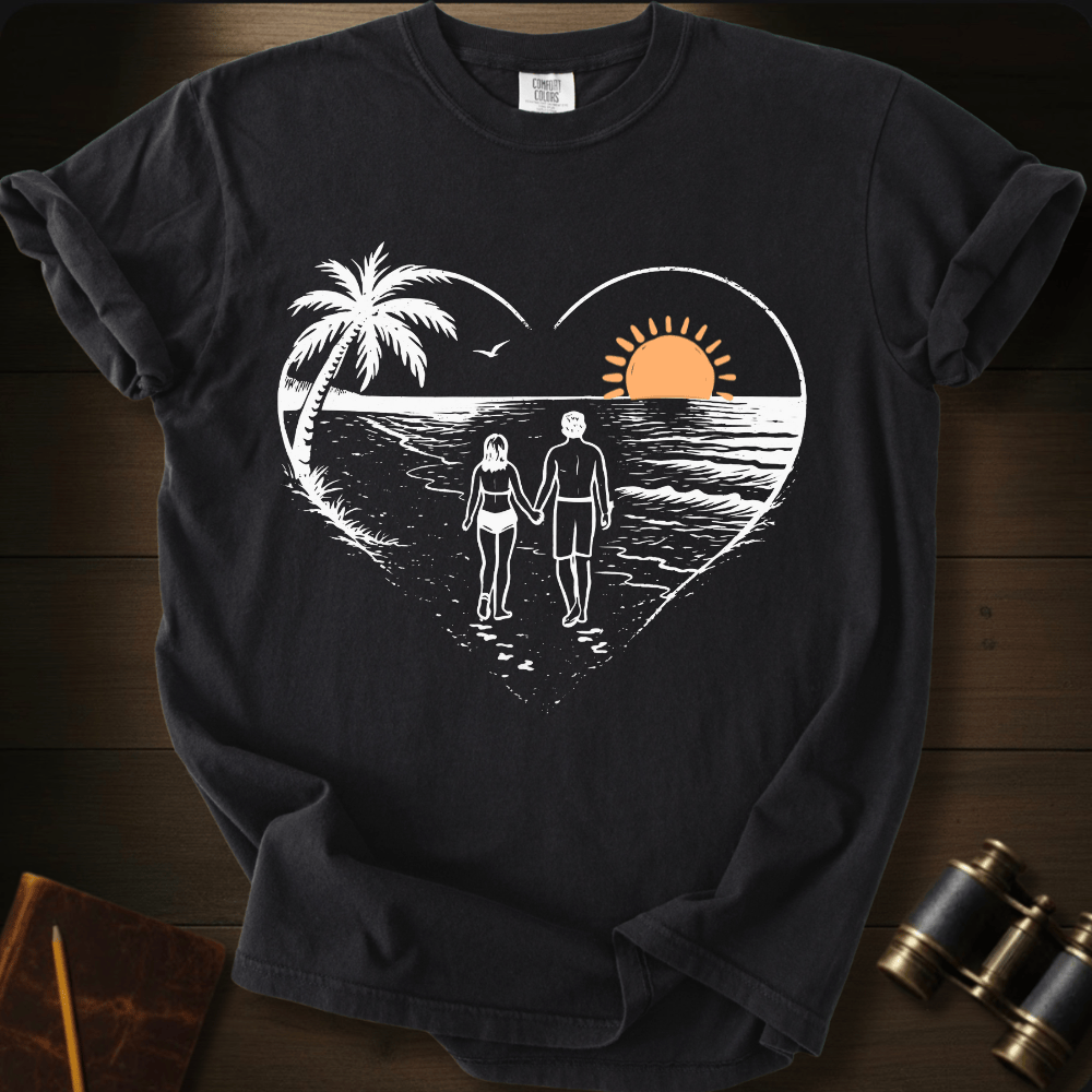 Full Sail Marine Sunset Walk beach couple heart graphic Comfort Colors t-shirt in black – romantic sunset palm tree ocean scene – front view