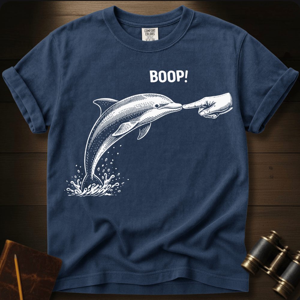 Full Sail Marine Boop! dolphin graphic Comfort Colors t-shirt in blue jean – white dolphin being booped on nose with hand and BOOP text design – front view