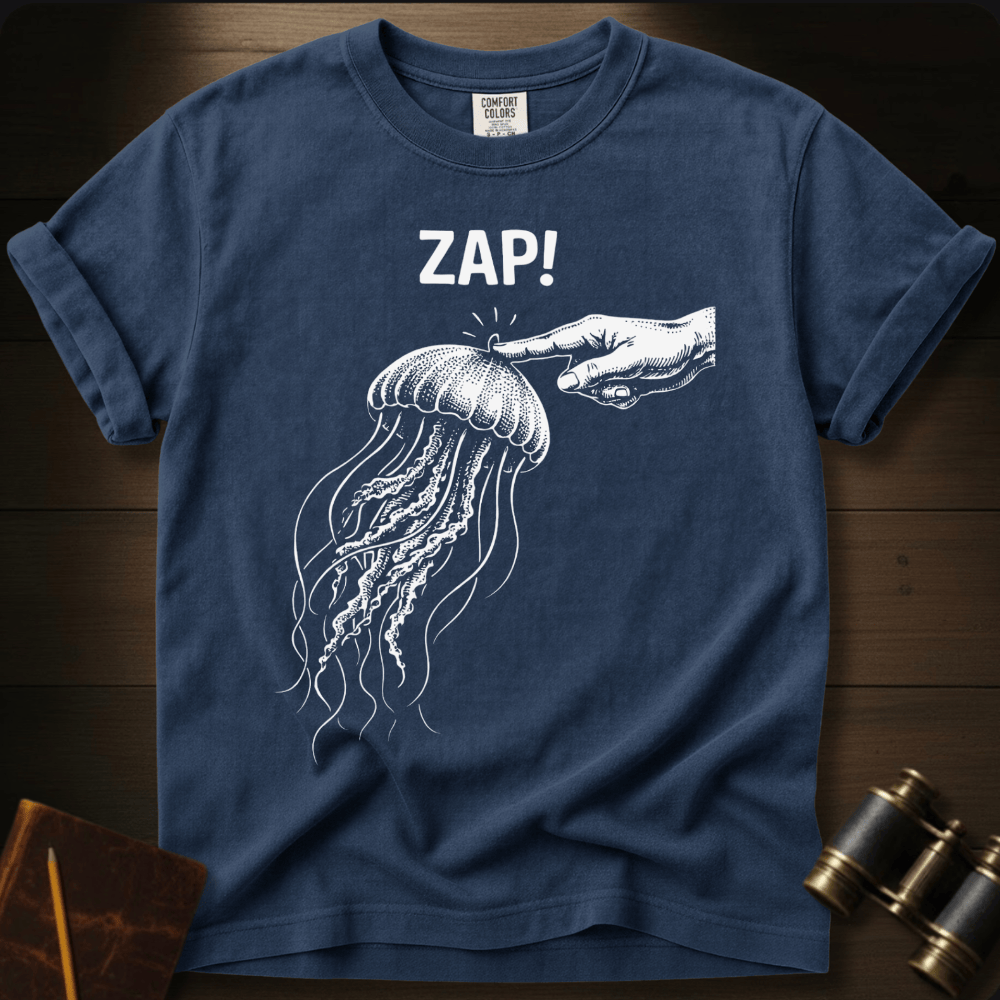 Full Sail Marine Zap! jellyfish graphic Comfort Colors t-shirt in true navy – white jellyfish being touched by hand with ZAP text design – front view
