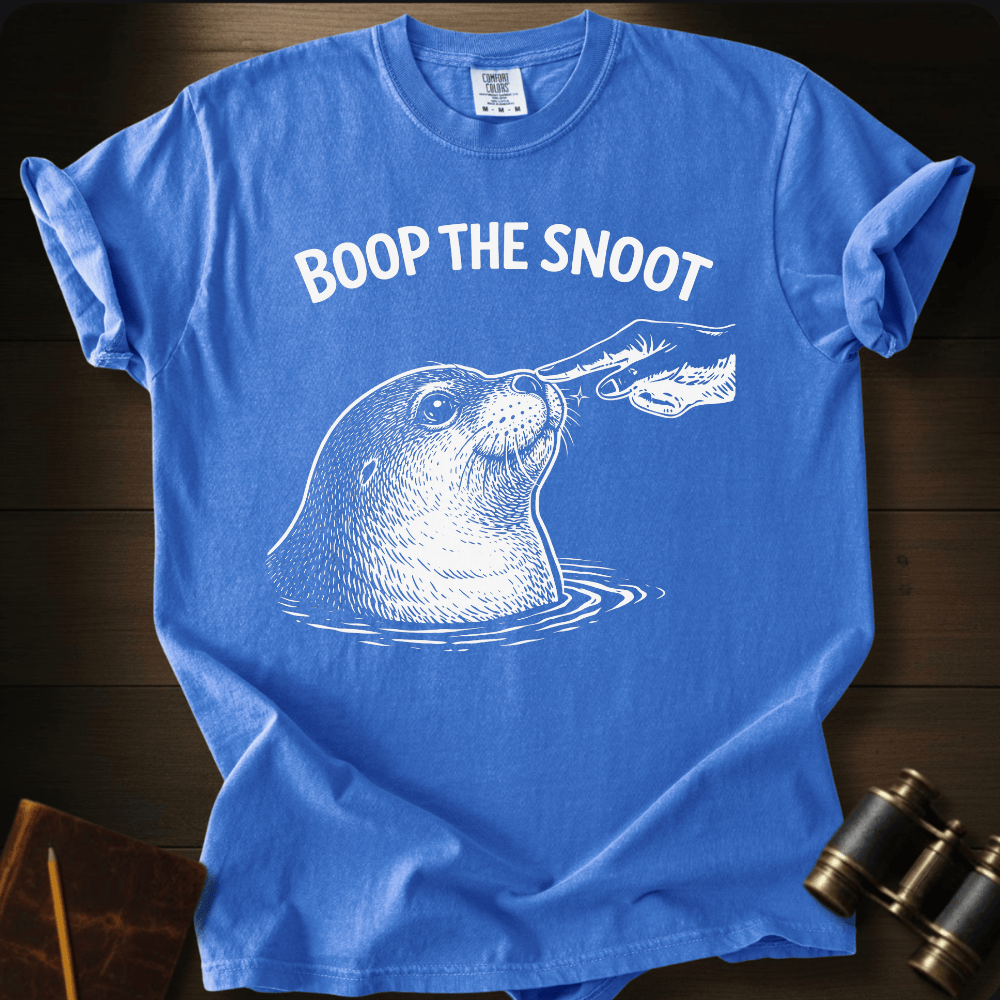 Full Sail Marine Boop the Snoot seal graphic Comfort Colors t-shirt in flo blue – white seal being booped on nose by hand with BOOP THE SNOOT text design – front view