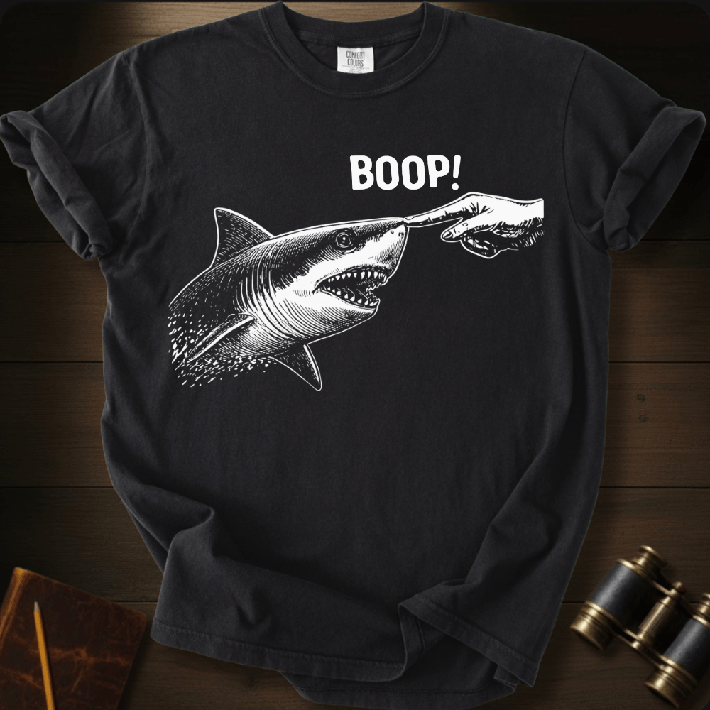 Full Sail Marine Boop! shark booping dolphin nose funny graphic Comfort Colors t-shirt in black – ocean wildlife humor design – front view