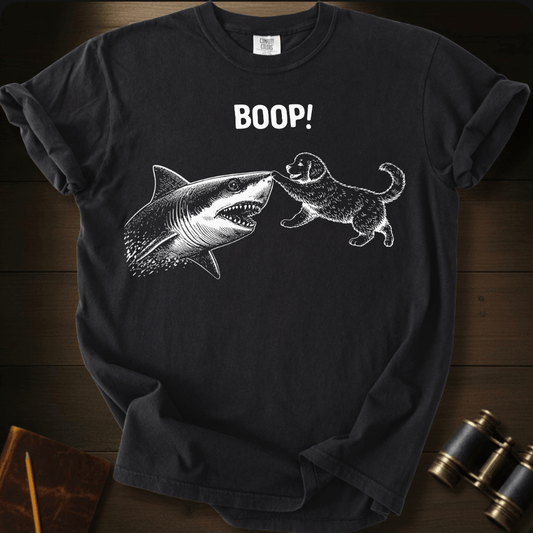Full Sail Marine Puppy Boop shark graphic Comfort Colors t-shirt in black – puppy booping great white shark nose – front view